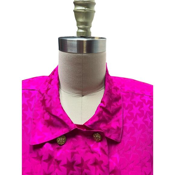 VTG 80’s The Silk Farm 100% Fuchsia Silk Blouse W/ Stars Gold Buttons SZ 10 - Picture 2 of 11